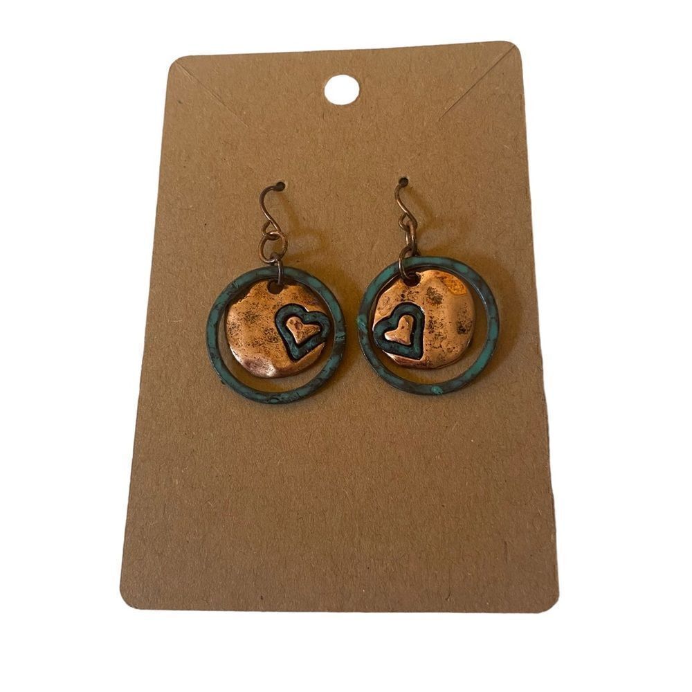 Vintage Copper & Green Oxidized Heart Drop Earrings.